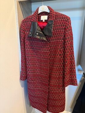 Etcetera Houndstooth Red and Black Leather Coat